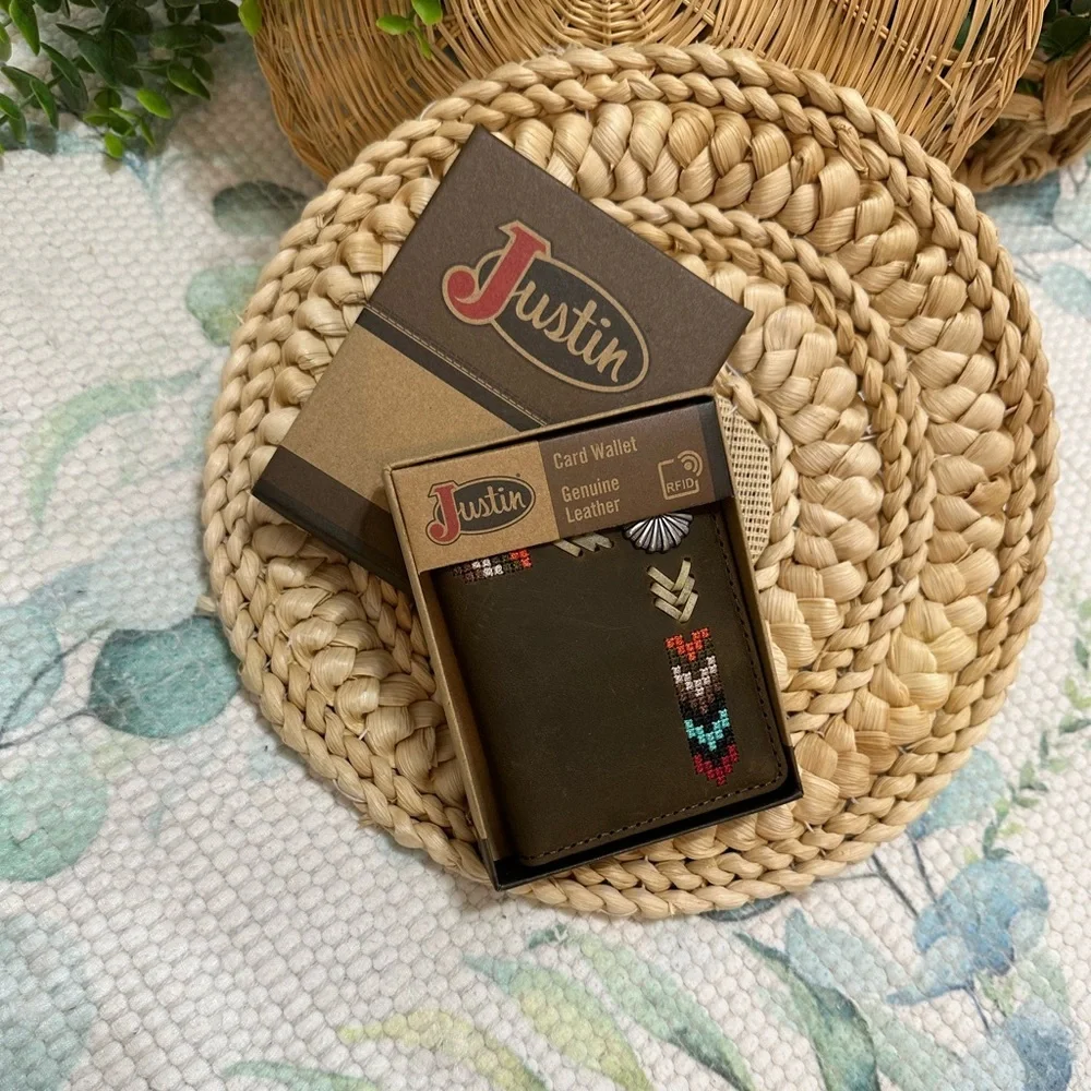 New Justin Boots Genuine Leather Card Wallet Tribal Western Colorful Embroidery